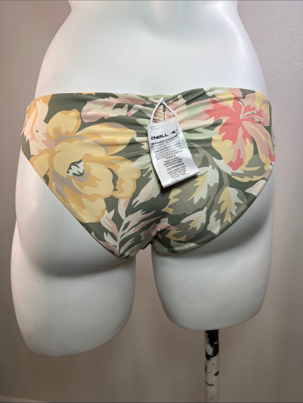 O'Neill Floral Ruched Bikini Bottoms in Sage, Mustard, Blush and Coral XS